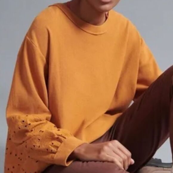 (BOGO FREE) ANTHROPOLOGIE Pilcro Maura Eyelet Lace Sweatshirt Mustard Yellow S - Picture 2 of 6